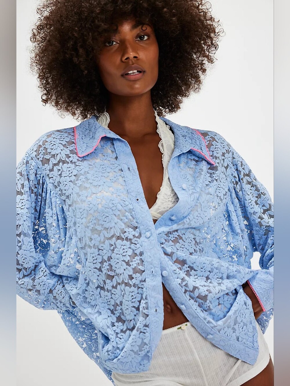 NWT Free People Intimately All Day Lace Hoise Shirt, Kentucky Blue Combo, Size S
